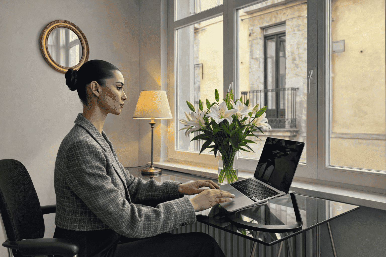 Collaboratrice en télétravail participant à une séance de bien-être à distance