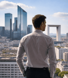Dirigeant face au quartier d’affaires de La Défense, attendant le praticien de Parysian pour une séance d'acupuncture.